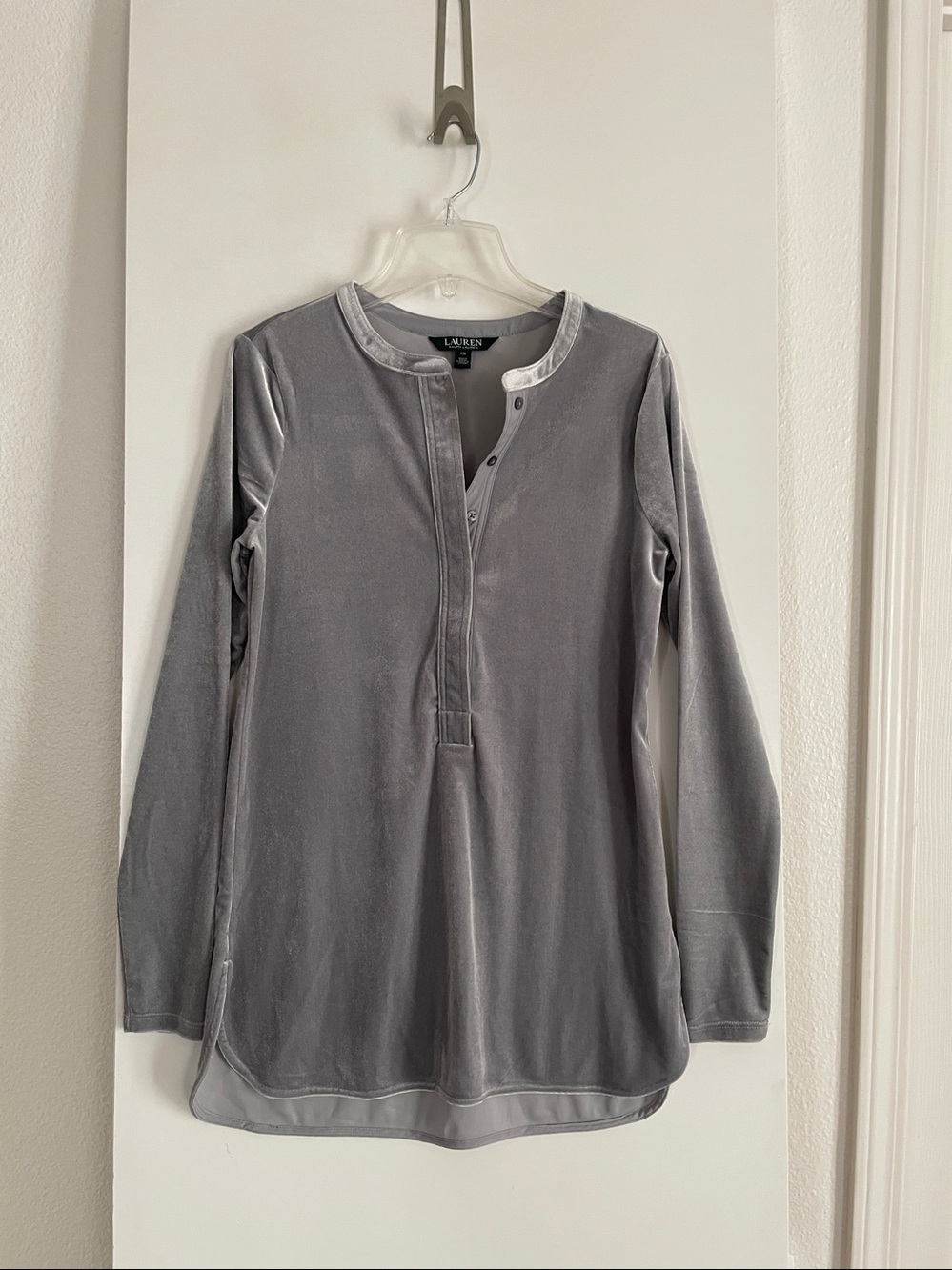 VTG: Ralph Lauren Luxurious Velvet Knit Sweater Tunic Top Pale Grey/Green